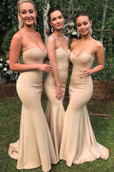 Elegant Mermaid Sweetheart Gold Satin Long Bridesmaid Dresses,Bridesmaid Gown
